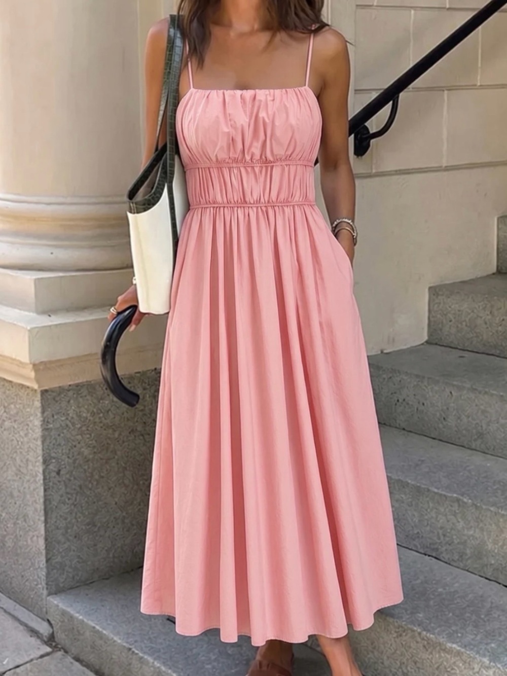 Commense Pink 100% Cotton Shirred Cami Midi Dress Small NWT Pockets